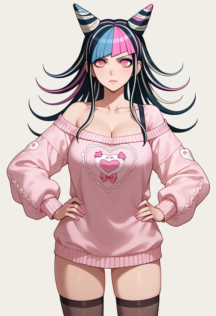 danganronpa_(series),mioda_ibuki,Hands on hips,off-shoulder,sweater,stockings  - 