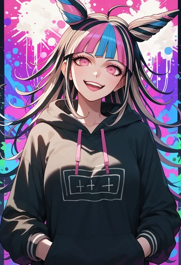 danganronpa_(series),mioda_ibuki,oversized graphic hoodie,thigh-high socks,shorts  - AI generated anime art