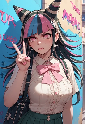 danganronpa_(series),mioda_ibuki,striped graffiti blouse,dolphin shorts  - AI generated anime art