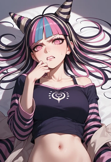 danganronpa_(series),mioda_ibuki,long-sleeve striped tee,pleated skirt,fishnet stockings  - AI generated anime art