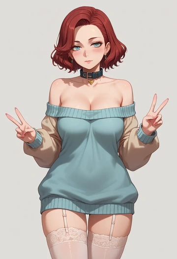 gundam,miorine_rembran,blushing,collar,off-shoulder,sweater,stockings  - AI generated anime art