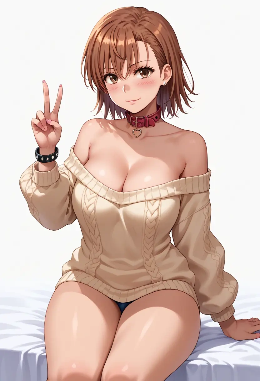 toaru_majutsu_no_index,misaka_mikoto,blushing,collar,peace sign,off-shoulder,sweater  - 