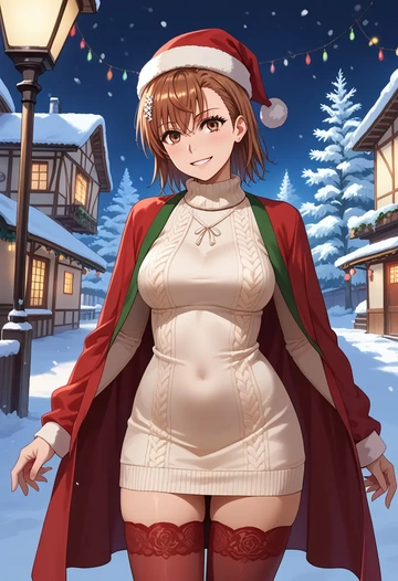 toaru_majutsu_no_index,misaka_mikoto,Christmas,sweater dress,stockings  - AI generated anime art