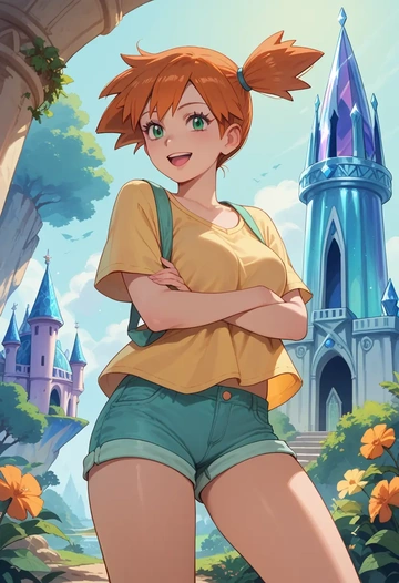 pokemon,misty_(pokemon),graphic tee,shorts,sneakers  - AI generated anime art