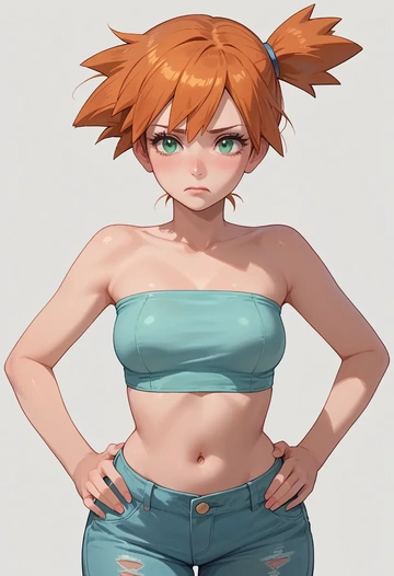 pokemon,misty_(pokemon),tube top,jogger shorts  - AI generated anime art