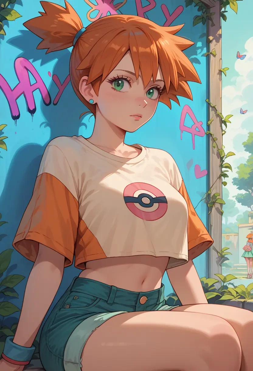 pokemon,misty_(pokemon),cropped graffiti sweatshirt,dolphin shorts  - 