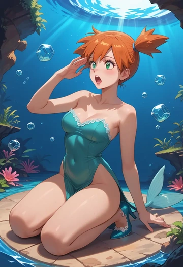 pokemon,misty_(pokemon),gown,strapless,mermaid silhouette  - AI generated anime art