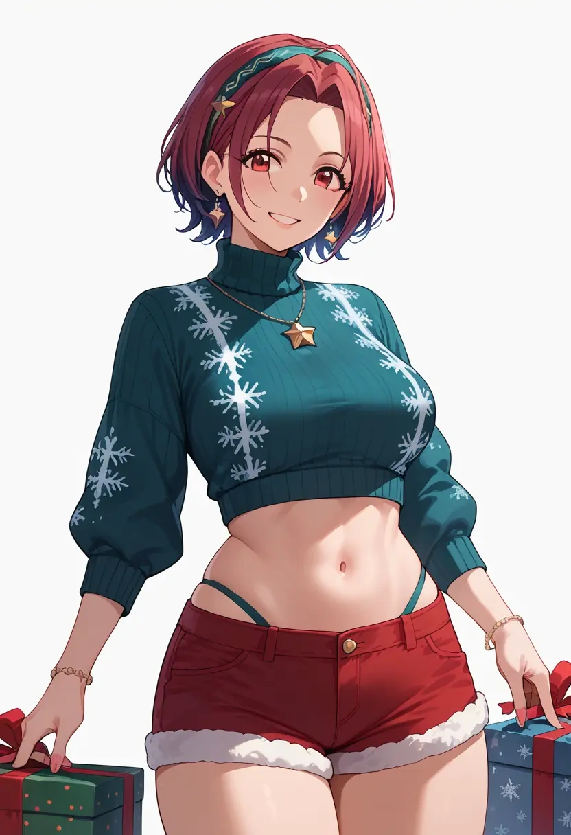 idolmaster,miura_azusa,Christmas,red velvet shorts,turtleneck sweater  - 