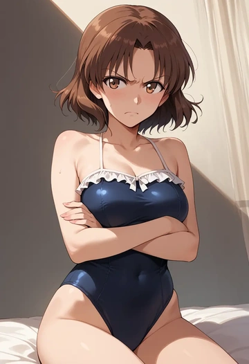 world_witches_series,miyafuji_yoshika,retro style swimsuit,frilled neckline,bow detail  - AI generated anime art