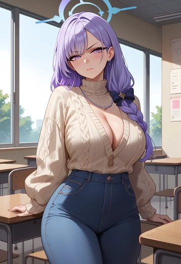 blue_archive,miyako_(blue_archive),teacher, sweater, jeans shorts  - AI generated anime art