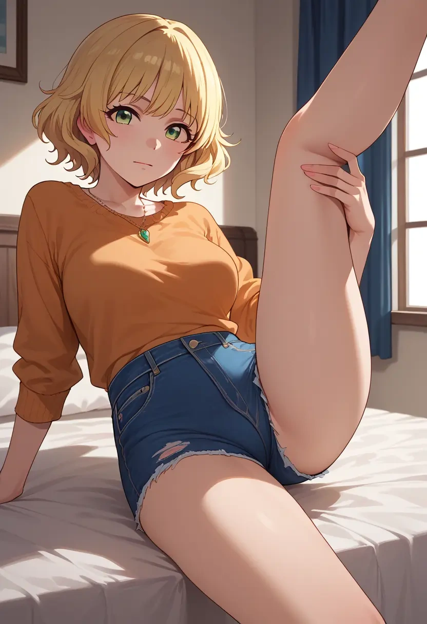 idolmaster,miyamoto_frederica,jeans shorts,spread legs,one leg up,sexy  - 