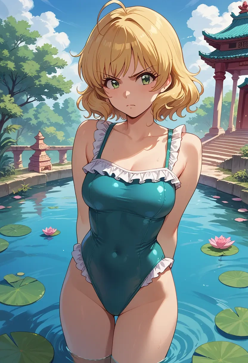 idolmaster,miyamoto_frederica,retro style swimsuit,frilled neckline,bow detail  - 