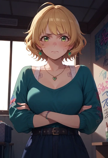 idolmaster,miyamoto_frederica,patchwork graffiti top,dolphin shorts  - AI generated anime art