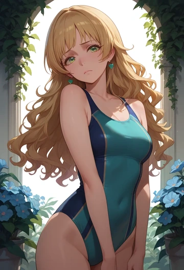 idolmaster,miyamoto_frederica,racerback swimsuit,striped trim,name tag patch  - AI generated anime art