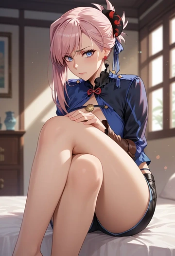 fate_(series),miyamoto_musashi_(fate),leather,shorts  - AI generated anime art