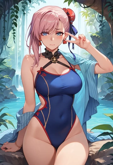 fate_(series),miyamoto_musashi_(fate),racerback swimsuit,striped trim,name tag patch  - AI generated anime art