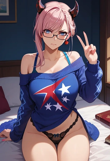 fate_(series),miyamoto_musashi_(swimsuit_berserker)_(fate),sweater,panties,off-shoulder,glasses,sexy  - AI generated anime art