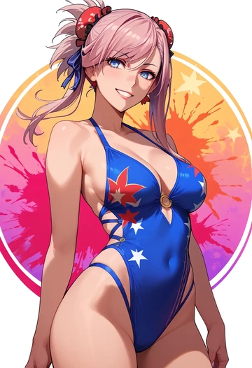 fate_(series),miyamoto_musashi_(swimsuit_berserker)_(fate),abstract art blouse,dolphin shorts  - AI generated anime art