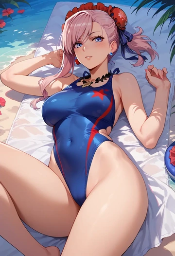 fate_(series),miyamoto_musashi_(swimsuit_berserker)_(fate),retro style swimsuit,frilled neckline,bow detail  - AI generated anime art