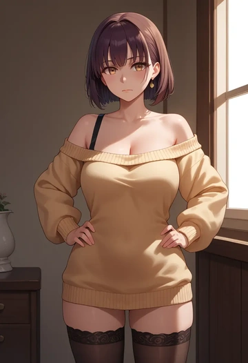 fate_(series),miyu_edelfelt,Hands on hips,off-shoulder,sweater,stockings  - AI generated anime art