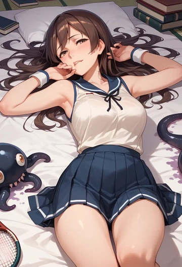 kantai_collection,miyuki_(kancolle),tennis dress,visor,trainers  - AI generated anime art