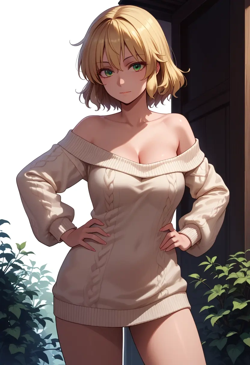 touhou,mizuhashi_parsee,Hands on hips,off-shoulder,sweater  - 