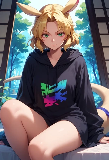 touhou,mizuhashi_parsee,oversized graphic hoodie,thigh-high socks,shorts  - AI generated anime art