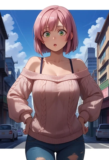 aria_(manga),mizunashi_akari,sweater,off-shoulder,ripped jeans  - AI generated anime art