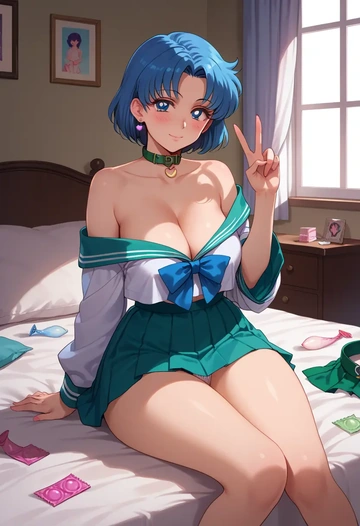 bishoujo_senshi_sailor_moon,mizuno_ami,blushing,collar, peace sign, condom,mini skirt,Thigh garters  - AI generated anime art