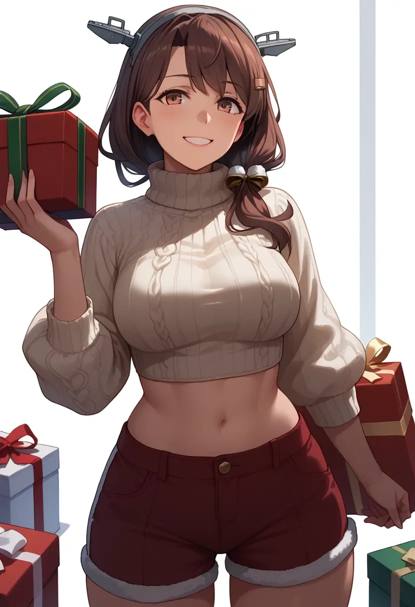 kantai_collection,mochizuki_(kancolle),Christmas,red velvet shorts,turtleneck sweater  - 