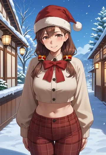 kantai_collection,mochizuki_(kancolle),Christmas,plaid trousers  - AI generated anime art