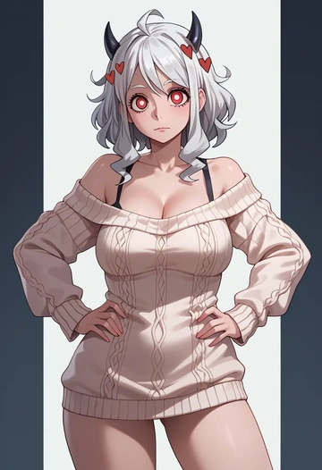 helltaker,modeus_(helltaker),Hands on hips,off-shoulder,sweater  - AI generated anime art