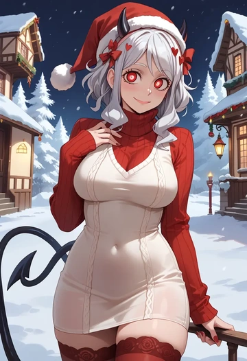 helltaker,modeus_(helltaker),Christmas,sweater dress,stockings  - AI generated anime art