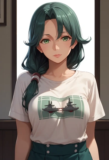 kantai_collection,mogami_(kancolle),handwritten script shirt,dolphin shorts  - AI generated anime art