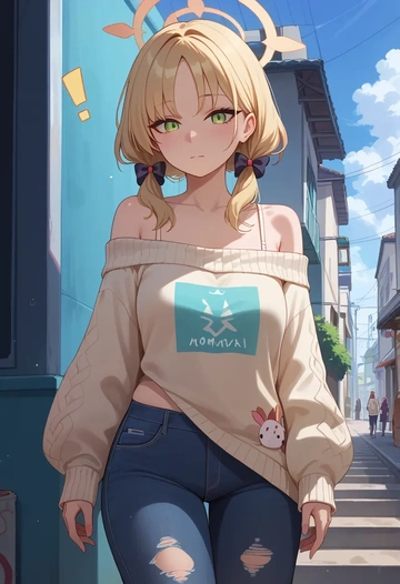 blue_archive,momoi_(blue_archive),sweater,off-shoulder,ripped jeans  - AI generated anime art