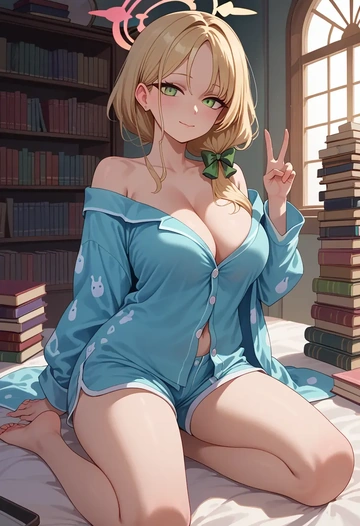 blue_archive,momoi_(blue_archive),pajamas, low-waisted shorts  - AI generated anime art