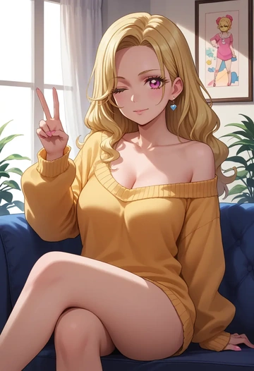 precure,momozono_love,off-shoulder,sweater  - AI generated anime art