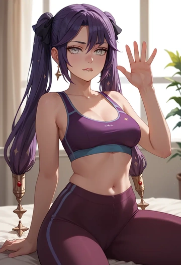 genshin impact,mona_(genshin_impact),yoga shorts, bra  - AI generated anime art