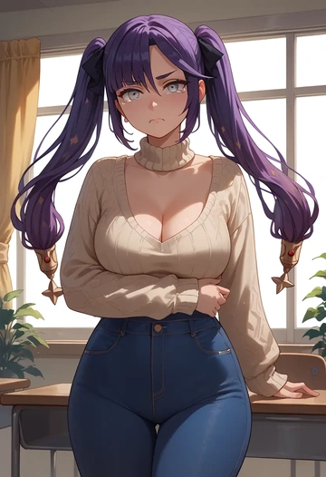 genshin impact,mona_(genshin_impact),teacher, sweater, jeans shorts  - AI generated anime art