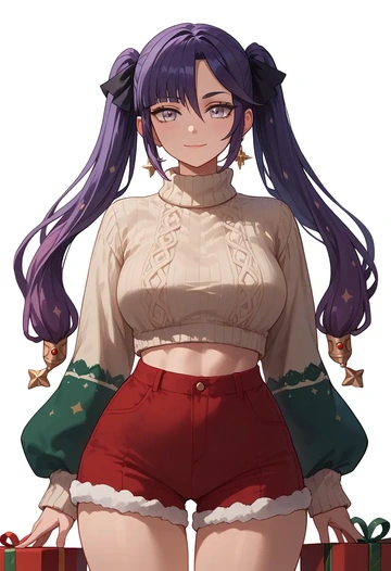 genshin impact,mona_(genshin_impact),Christmas,red velvet shorts,turtleneck sweater  - AI generated anime art