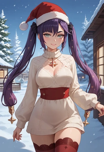 genshin impact,mona_(genshin_impact),Christmas,sweater dress,stockings  - AI generated anime art