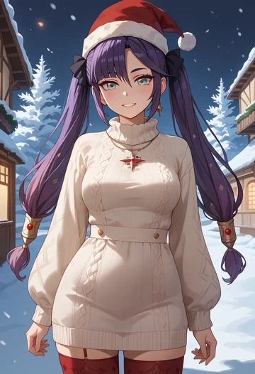 genshin impact,mona_(genshin_impact),Christmas,sweater dress,stockings  - AI generated anime art