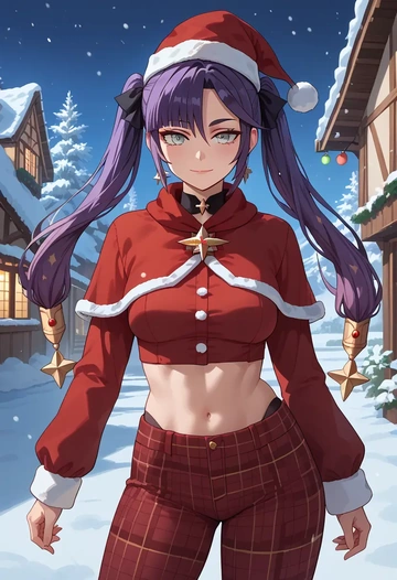 genshin impact,mona_(genshin_impact),Christmas,plaid trousers  - AI generated anime art