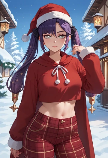 genshin impact,mona_(genshin_impact),Christmas,plaid trousers  - AI generated anime art