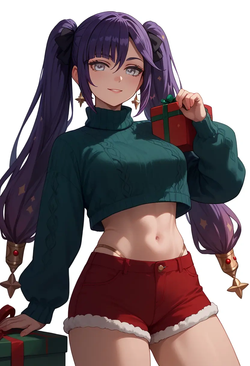 genshin impact,mona_(genshin_impact),Christmas,red velvet shorts,turtleneck sweater  - 