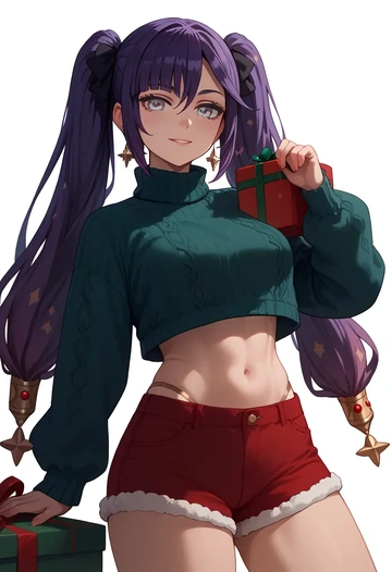 genshin impact,mona_(genshin_impact),Christmas,red velvet shorts,turtleneck sweater  - AI generated anime art