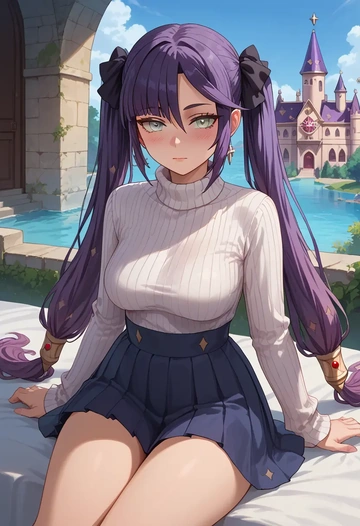 genshin impact,mona_(genshin_impact),skirt,pleated,turtleneck sweater  - AI generated anime art