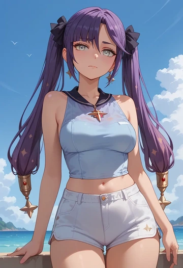 genshin impact,mona_(genshin_impact),sleeveless swim top,shorts-style bottom,contrast stitching  - AI generated anime art