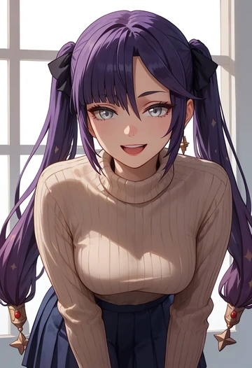 genshin impact,mona_(genshin_impact),skirt,pleated,turtleneck sweater  - AI generated anime art