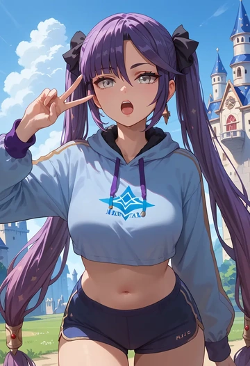 genshin impact,mona_(genshin_impact),tankini top,board shorts  - AI generated anime art